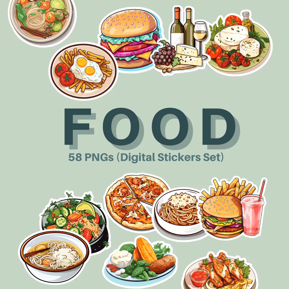 Food Stickers Set: 58 PNG Digital Stickers for GoodNotes
